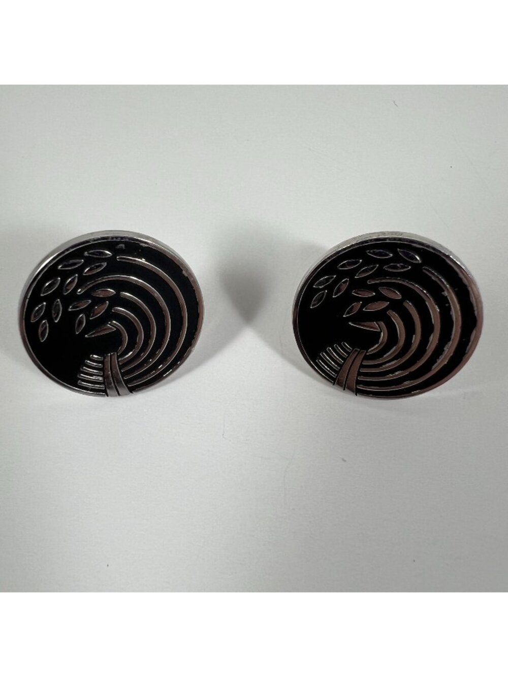 Vintage Swank Silver-Tone Black Enamel Round Cufflinks With Abstract Tree Design